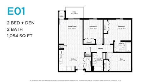 Floor plan for 2 beds, 2 baths, 1054 sqft